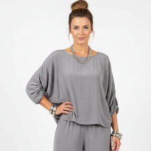 Grizas 100% Silk Gray Long Ruched Sleeve Oversized Cropped Blouse Top M